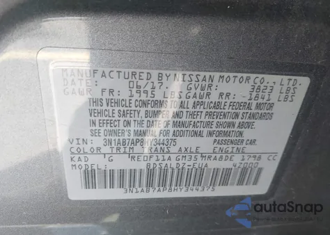 2017 Nissan Sentra Sv from USA, damaged, VIN 3N1AB7AP8HY344375